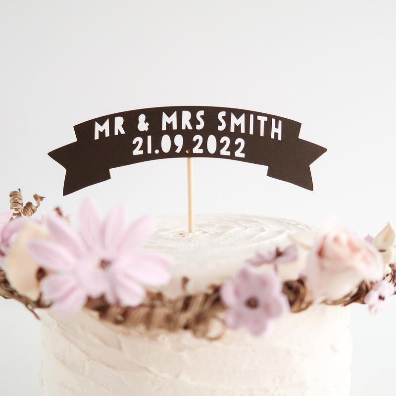 Wedding Cake Topper With Date - Last Name Wedding Cake Topper - Rustic Wedding Cake - Surname Cake Topper