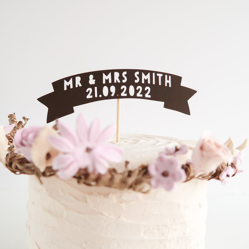 Wedding Cake Topper With Date - Last Name Wedding Cake Topper - Rustic Wedding Cake - Surname Cake Topper