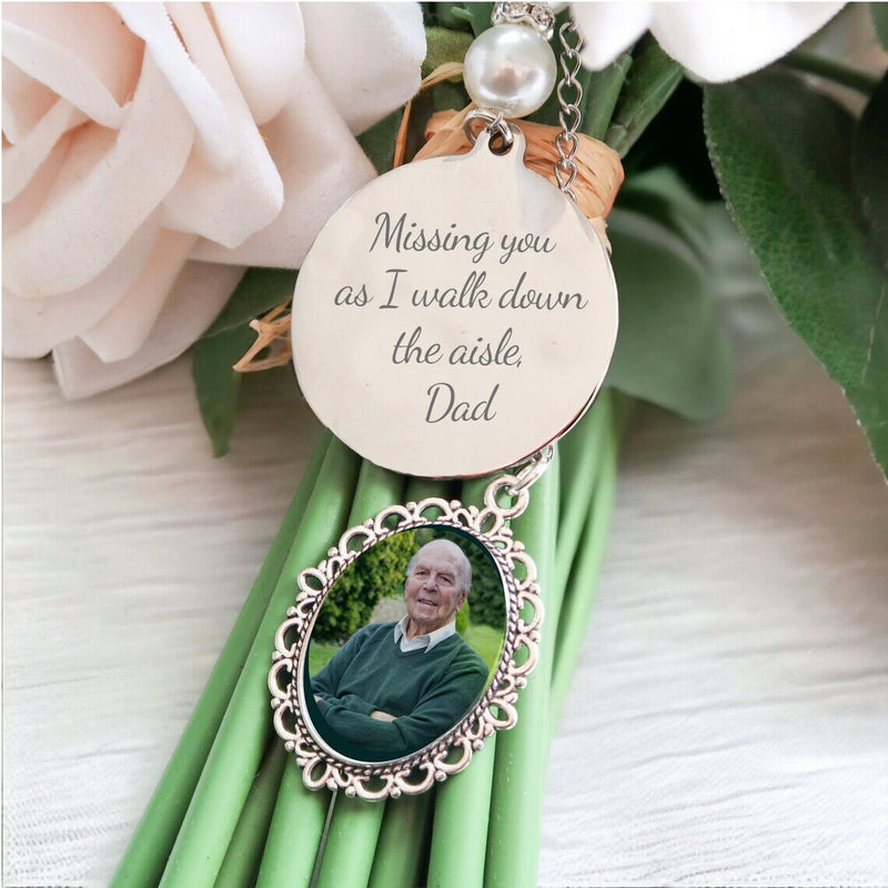 Wedding Bouquet Photo Memory Charm - Bridal Pendant Memorial Remembrance Jewellery Family -Missing You As I Walk Down the Aisle