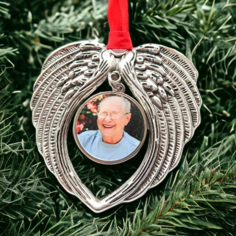 Personalised Photo Memorial Bauble - Angel Wings - Christmas Tree Ornament - Memory Keepsake For Christmas Tree